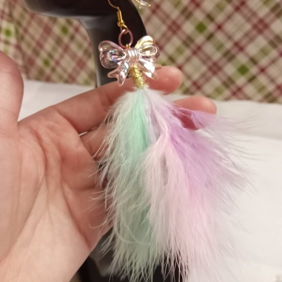 Home Made Handmade Feather & Metal Cat Multi Color Bow Earrings #41 - Picture 6 of 10